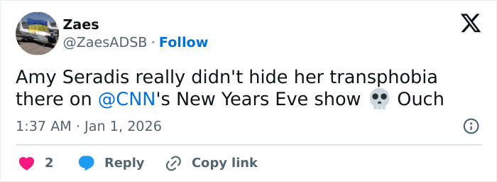 Tweet criticizing Amy Sedaris for a transphobic comment during CNN's New Year's Eve broadcast, sparking viewer backlash. Tweet criticizing Amy Sedaris for a transphobic comment during CNN's New Year's Eve broadcast, sparking viewer backlash.