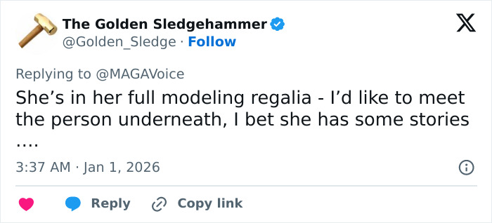Tweet from The Golden Sledgehammer discussing Melania Trump's body language at Mar-a-Lago New Year's Eve event. Tweet from The Golden Sledgehammer discussing Melania Trump's body language at Mar-a-Lago New Year's Eve event.
