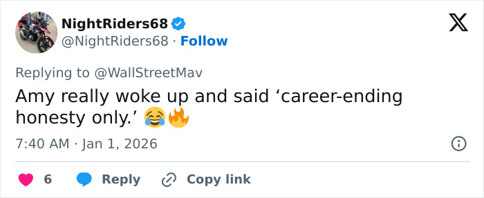 Tweet from NightRiders68 reacting to Amy Sedaris with a career-ending honesty comment during CNN's New Year's Eve broadcast. Tweet from NightRiders68 reacting to Amy Sedaris with a career-ending honesty comment during CNN's New Year's Eve broadcast.