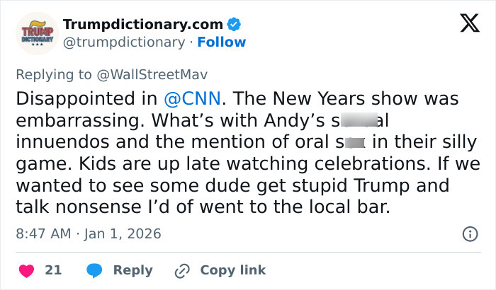 Screenshot of a tweet criticizing CNN’s New Year’s Eve broadcast for offensive content and mentioning Amy Sedaris transphobic jab. Screenshot of a tweet criticizing CNN’s New Year’s Eve broadcast for offensive content and mentioning Amy Sedaris transphobic jab.