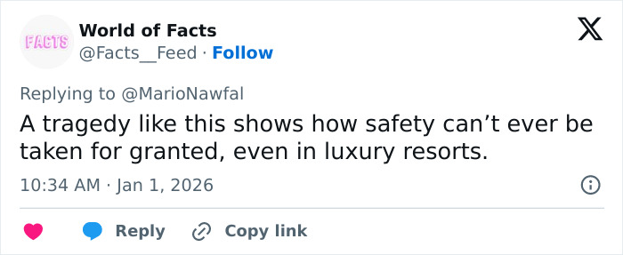 Tweet from World of Facts emphasizing the importance of safety in luxury resorts after a ski resort explosion tragedy.