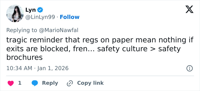 Twitter post highlighting the importance of safety culture in preventing ski resort explosion disasters.