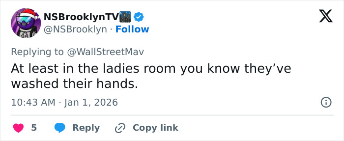 Tweet screenshot from NSBrooklynTV replying about handwashing, related to Amy Sedaris transphobic jab during CNN New Year's Eve broadcast.