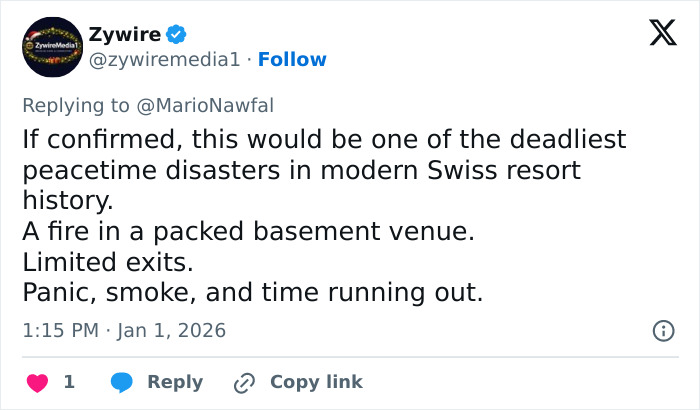 Tweet from Zywire describing a deadly fire in a packed Swiss ski resort basement with limited exits and panic among survivors.