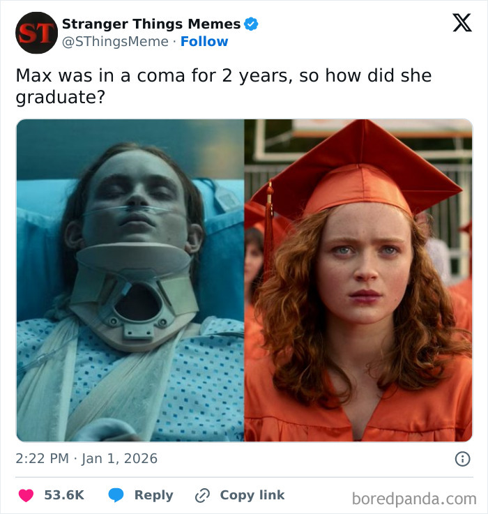 Stranger Things fan meme questions Max’s graduation after being in a coma, reflecting on the show's controversial ending.