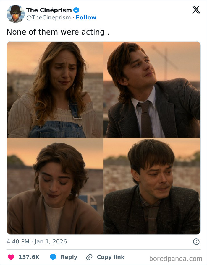 Four Stranger Things characters showing emotional expressions in a sunset scene, reflecting on the series ending.