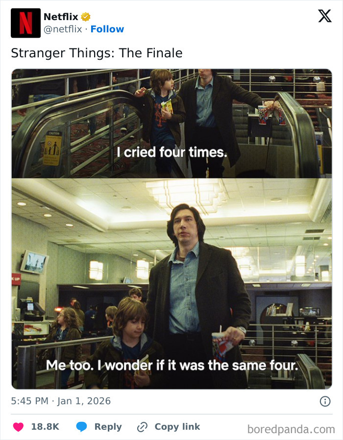 Scene from Stranger Things finale showing two characters talking about crying, highlighting emotional ending reactions.