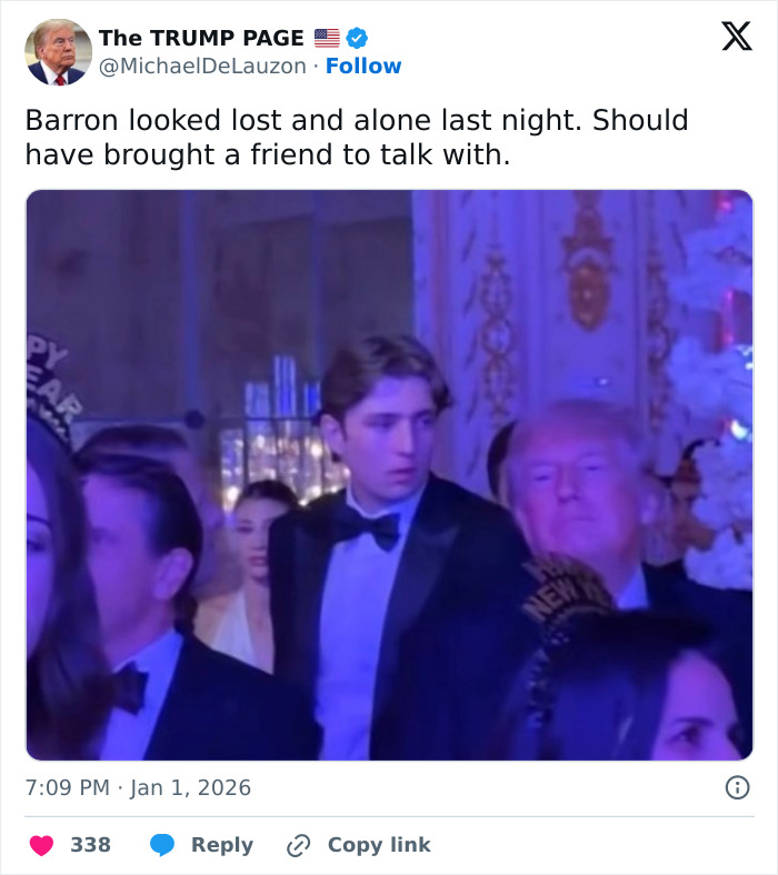 Barron Trump at Mar-a-Lago event looking lost, amid reports of Melania Trump enforcing Mar-a-Lago rules strictly. Barron Trump at Mar-a-Lago event looking lost, amid reports of Melania Trump enforcing Mar-a-Lago rules strictly.