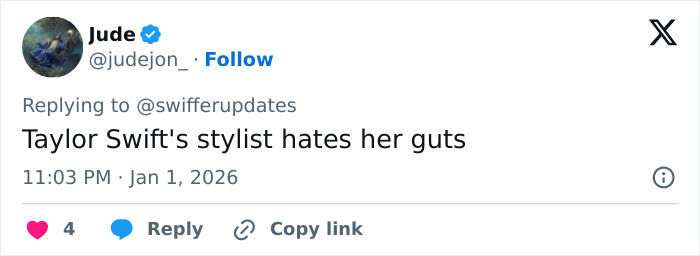 Screenshot of a tweet criticizing Taylor Swift’s look at a friend’s wedding, sparking fan scrutiny about upstaging the bride. Screenshot of a tweet criticizing Taylor Swift’s look at a friend’s wedding, sparking fan scrutiny about upstaging the bride.