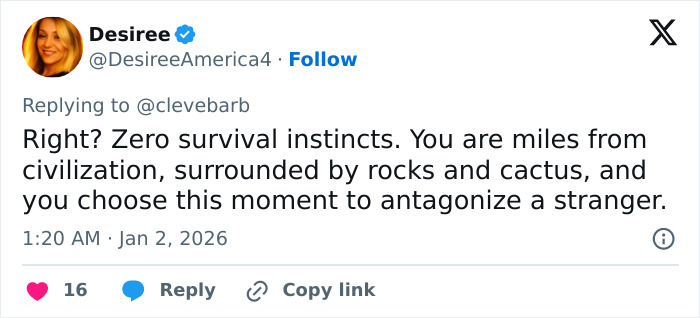 Tweet from Desiree reacting to the viral Red Rock Canyon incident involving the first Karen of 2026 blocking a tourist&rsquo;s shot.