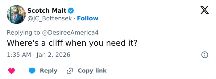 Tweet from user Scotch Malt commenting on needing a cliff, related to first Karen of 2026 Red Rock Canyon viral incident.