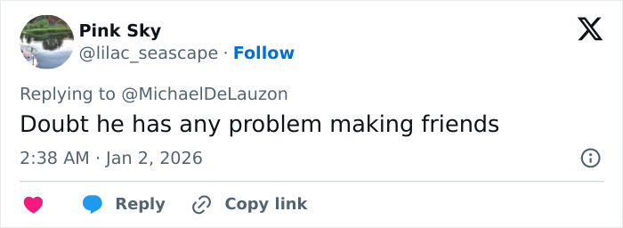 Tweet from user Pink Sky expressing doubt about someone having trouble making friends, related to Mar-a-Lago guest rule enforcement. Tweet from user Pink Sky expressing doubt about someone having trouble making friends, related to Mar-a-Lago guest rule enforcement.