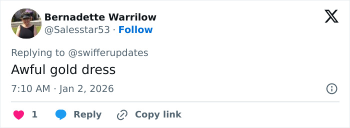 Tweet by Bernadette Warrilow criticizing Taylor Swift's wedding guest outfit amid trying to upstage the bride discussion. Tweet by Bernadette Warrilow criticizing Taylor Swift's wedding guest outfit amid trying to upstage the bride discussion.