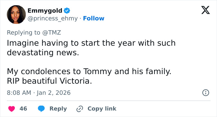 Tweet expressing condolences to Tommy Lee Jones and family after news of daughter Victoria's body found in hotel.