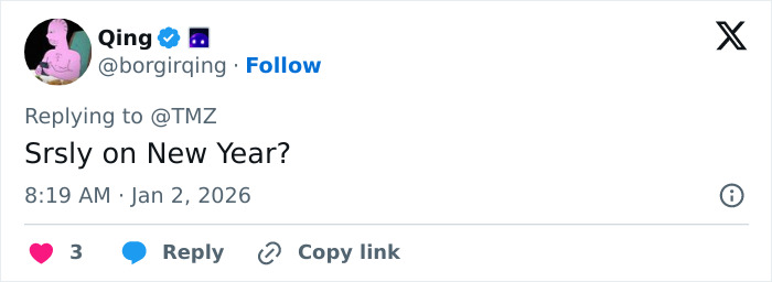 Screenshot of a tweet replying to TMZ questioning the timing of Tommy Lee Jones' joke about firing daughter Victoria.