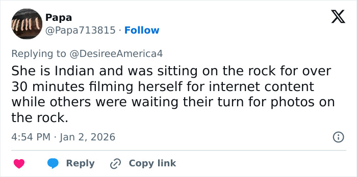 Tweet discussing a woman blocking tourist photos in a viral Red Rock Canyon incident, labeled as first Karen of 2026.