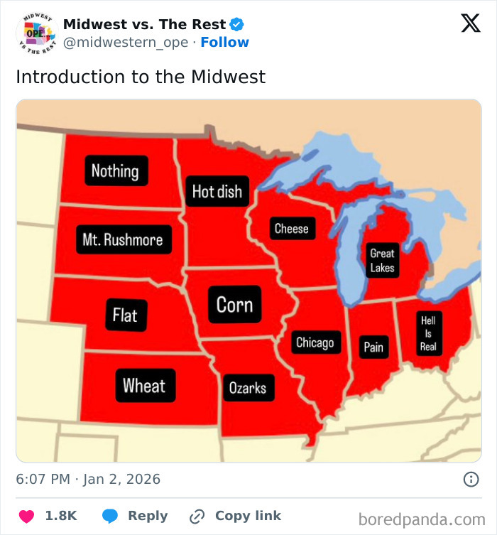 Map of the Midwest with humorous labels highlighting key Midwest life memes including corn and regional stereotypes.