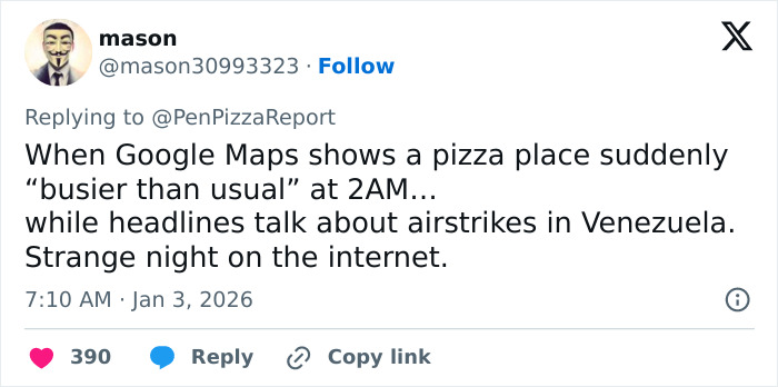 Tweet about a sudden spike in pizza place activity during Venezuela airstrikes, linked to Pentagon pizza theory discussion. Tweet about a sudden spike in pizza place activity during Venezuela airstrikes, linked to Pentagon pizza theory discussion.