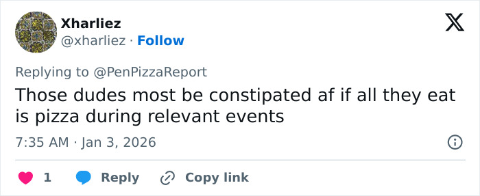 Twitter user commenting on Pentagon pizza consumption spike during Venezuela attack referencing bizarre theory online. Twitter user commenting on Pentagon pizza consumption spike during Venezuela attack referencing bizarre theory online.