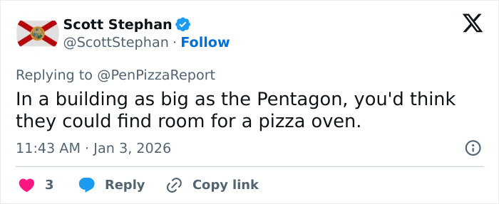 Tweet from Scott Stephan about Pentagon pizza spike during Venezuela attack highlighting unusual pizza oven reference. Tweet from Scott Stephan about Pentagon pizza spike during Venezuela attack highlighting unusual pizza oven reference.