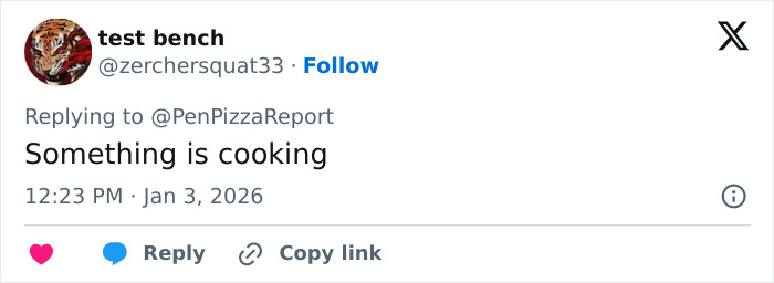 Twitter user commenting "Something is cooking" related to Pentagon pizza spike and Venezuela attack conspiracy theories.
