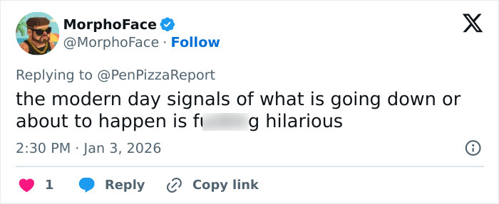 Tweet by MorphoFace discussing modern day signals, mentioning Pentagon pizza spike and bizarre theory during Venezuela attack. Tweet by MorphoFace discussing modern day signals, mentioning Pentagon pizza spike and bizarre theory during Venezuela attack.