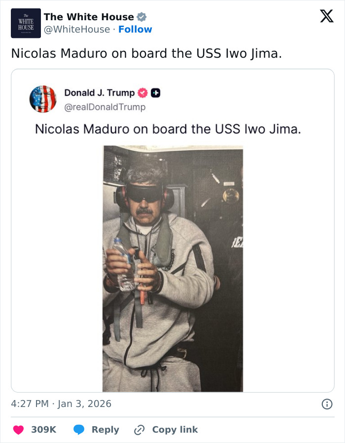 Screenshot of a social media post showing Nicolas Maduro on board the USS Iwo Jima during the Venezuela attack.