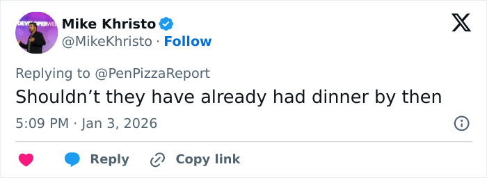 Twitter user Mike Khristo replying to a post about Pentagon pizza spike during Venezuela attack theory. Twitter user Mike Khristo replying to a post about Pentagon pizza spike during Venezuela attack theory.