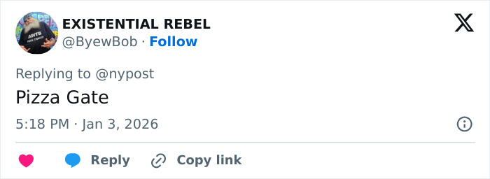 Tweet reading Pizza Gate posted by user Existential Rebel, referencing Pentagon pizza spike during Venezuela attack theory.