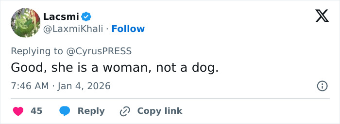 Tweet showing support for Miley Cyrus pushing back at photographers, emphasizing she is a woman not a dog. Tweet showing support for Miley Cyrus pushing back at photographers, emphasizing she is a woman not a dog.