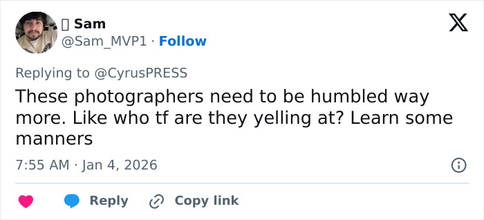 Tweet criticizing photographers’ behavior during Miley Cyrus tense red carpet encounter pushing back at photographers. Tweet criticizing photographers’ behavior during Miley Cyrus tense red carpet encounter pushing back at photographers.