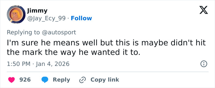 Tweet from user Jimmy responding to backlash over F1 star Pierre Gasly&rsquo;s Michael Schumacher tribute.