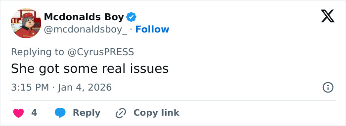 Twitter user Mcdonalds Boy replying to CyrusPRESS with a comment on Miley Cyrus pushing back at photographers. Twitter user Mcdonalds Boy replying to CyrusPRESS with a comment on Miley Cyrus pushing back at photographers.