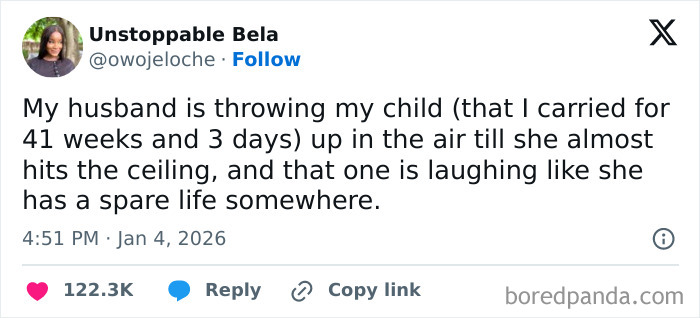 Screenshot of a humorous tweet showing unintentionally comedic moments of parenting involving a child being thrown in the air.
