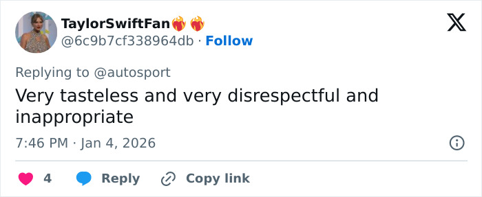 User tweet criticizing F1 star Pierre Gasly facing backlash over tasteless Michael Schumacher tribute.