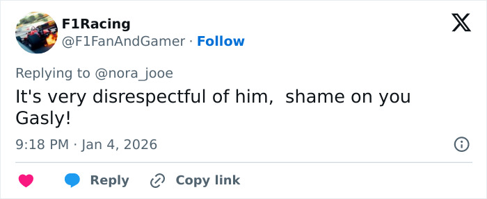 Tweet criticizing F1 star Pierre Gasly over backlash for Michael Schumacher tribute, calling it disrespectful and tasteless.