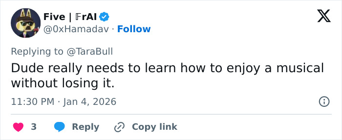 Tweet saying Dude really needs to learn how to enjoy a musical without losing it, noting a Male Karen meltdown