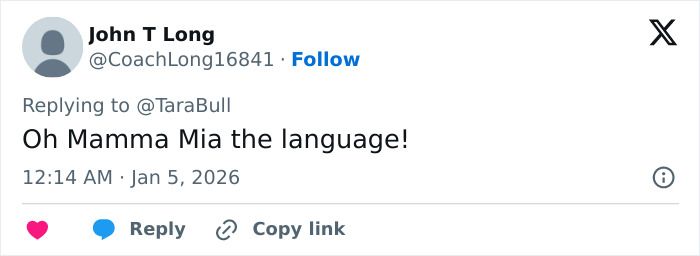 Tweet screenshot reading Oh Mamma Mia the language!, profile avatar and timestamp, Male Karen controversy