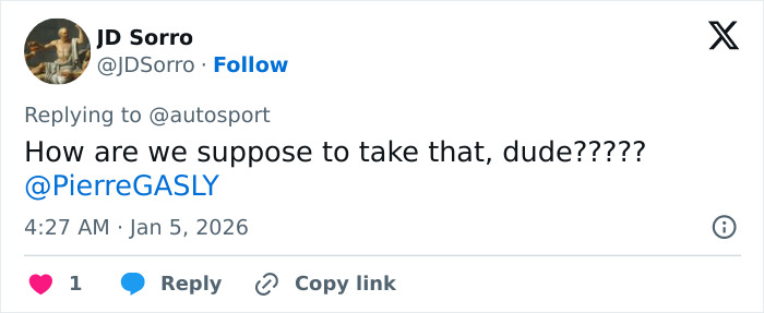 Screenshot of a Twitter reply criticizing F1 star Pierre Gasly over a Michael Schumacher tribute controversy.