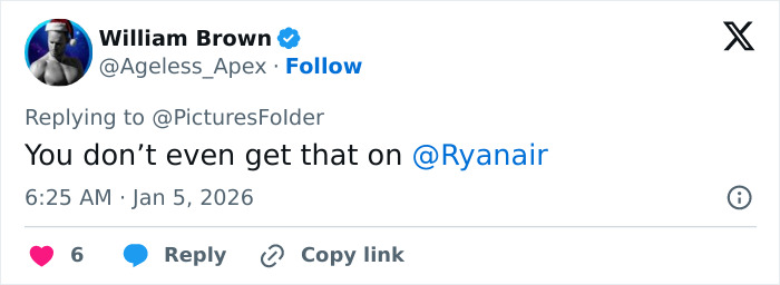 Screenshot of an X reply mocking Ryanair, showing cramped sardine can seating complaint in new planes Screenshot of an X reply mocking Ryanair, showing cramped sardine can seating complaint in new planes