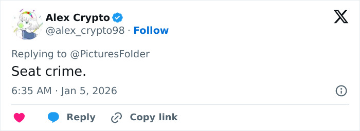 Screenshot of a social media reply reading Seat crime. highlighting sardine can seating in new planes Screenshot of a social media reply reading Seat crime. highlighting sardine can seating in new planes