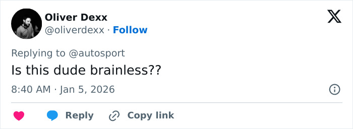 Tweet by user Oliver Dexx criticizing F1 star Pierre Gasly over backlash about Michael Schumacher tribute.