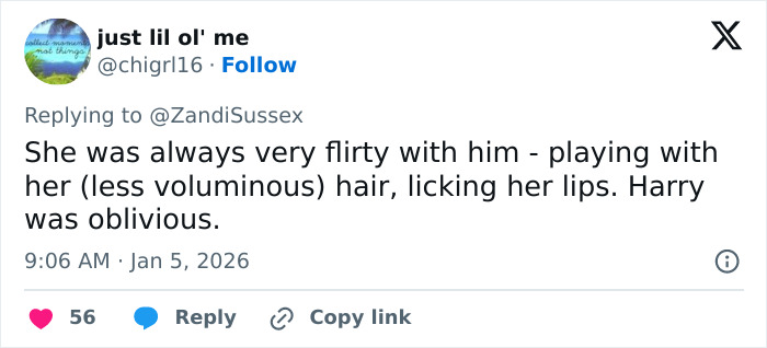 Screenshot of tweet about Kate Middleton and Prince Harry describing her flirty behavior, including text and engagement icons.