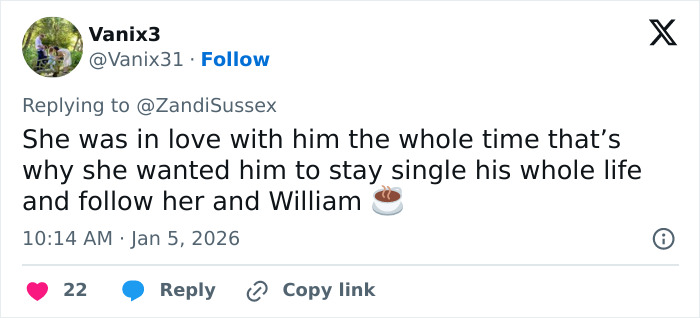 Screenshot of X post about Kate Middleton inappropriate look at Prince Harry, fan claims she loved him and wanted him single