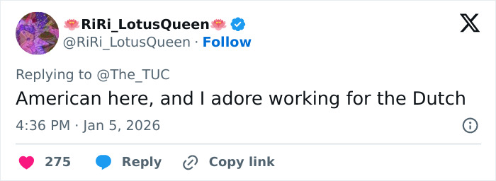 Screenshot of a tweet expressing admiration for Dutch workers and referencing the annoyed American boss reality check. Screenshot of a tweet expressing admiration for Dutch workers and referencing the annoyed American boss reality check.