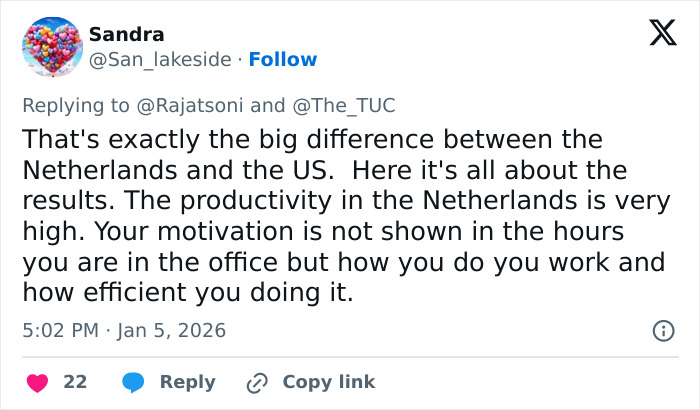 Tweet discussing the high productivity and work efficiency of Dutch workers versus American work culture differences.