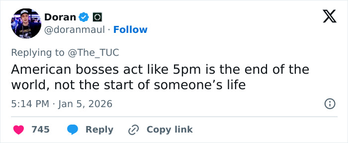 Tweet discussing American bosses' reaction to employees logging off at 5PM, highlighting cultural work-life balance differences. Tweet discussing American bosses' reaction to employees logging off at 5PM, highlighting cultural work-life balance differences.