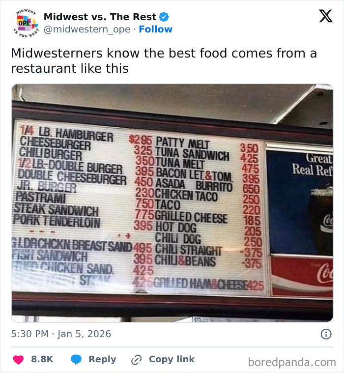 Menu board featuring classic Midwest life food items like burgers, sandwiches, and tacos at a local restaurant.