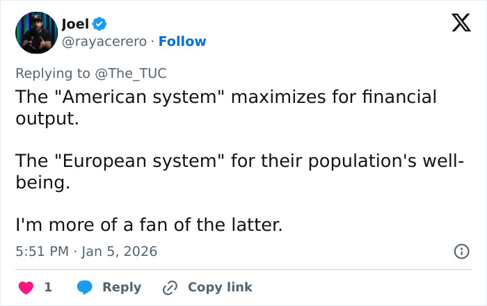 Tweet from Joel discussing the American system maximizing financial output versus European well-being after work hours. Tweet from Joel discussing the American system maximizing financial output versus European well-being after work hours.