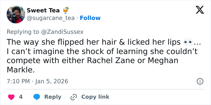 Tweet screenshot about Kate Middleton inappropriate look, user Sweet Tea mocking her hair flip and lip licking